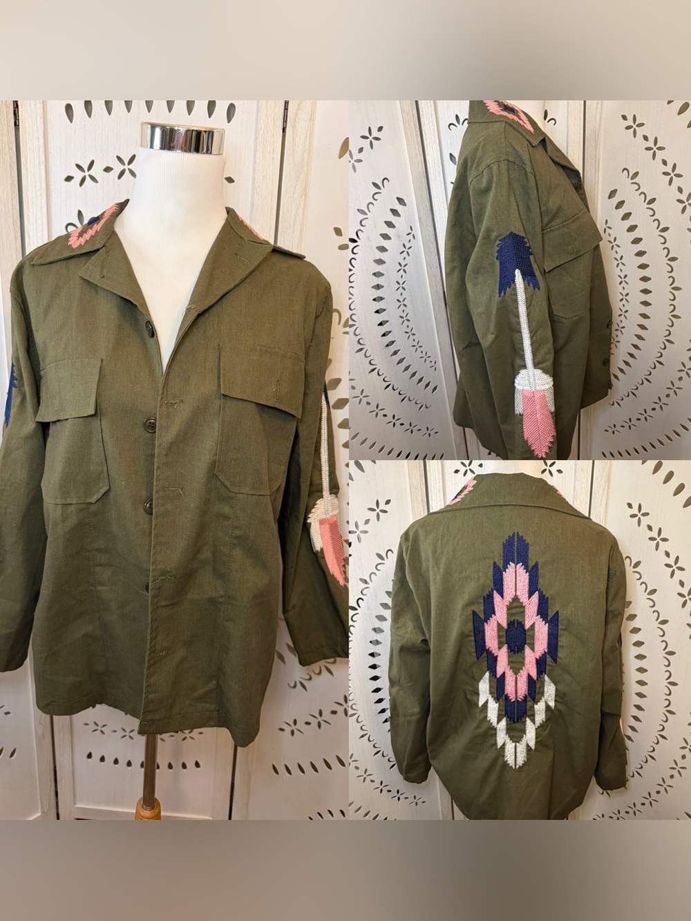 100% Cotton Olive Green Embroidered Military-Style Jacket Boho Tribal Print